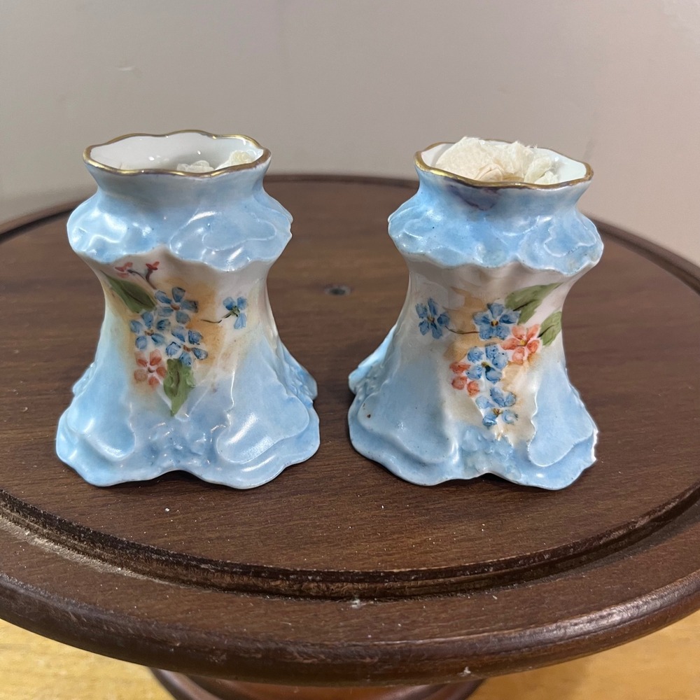 M.Z. Austria Candlestick Holders Vtg Blue Floral Porcelain Gold Trim Set of 2